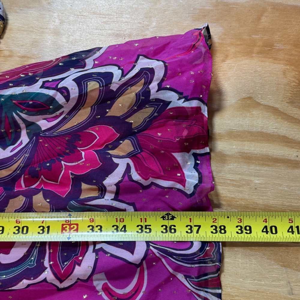 Trina Turk Pink Floral Silk Saka Dress Metallic Ruffle Mini Long Sleeve Size L - Picture 6 of 7